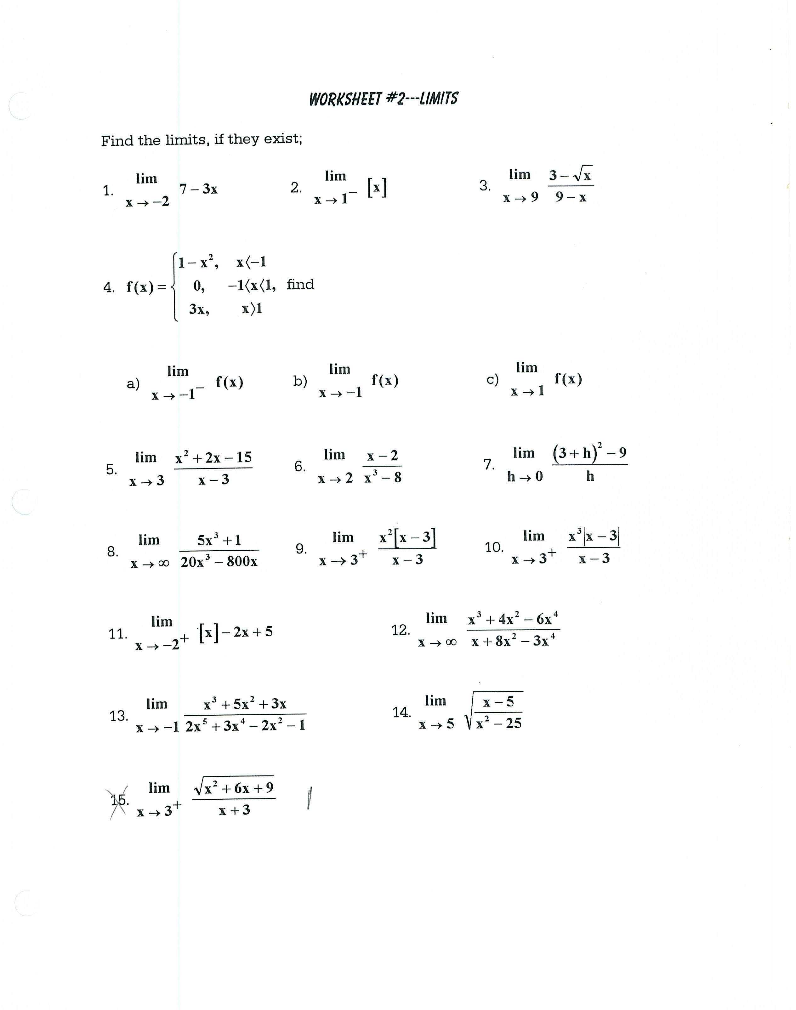 Limits And Continuity Worksheet